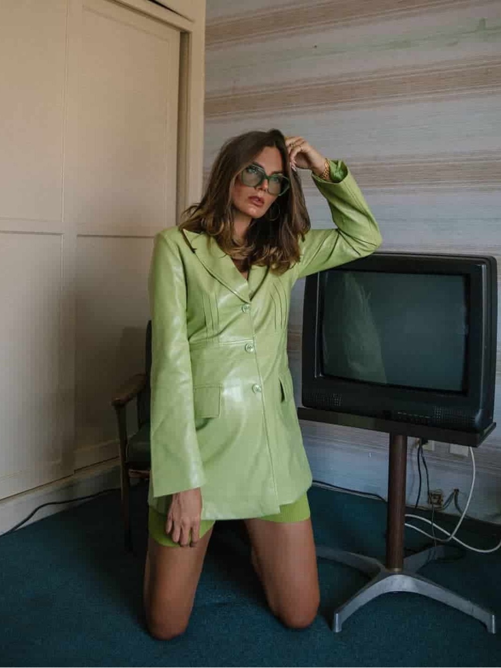 Noize Moss Green Faux-Leather Blazer Jacket